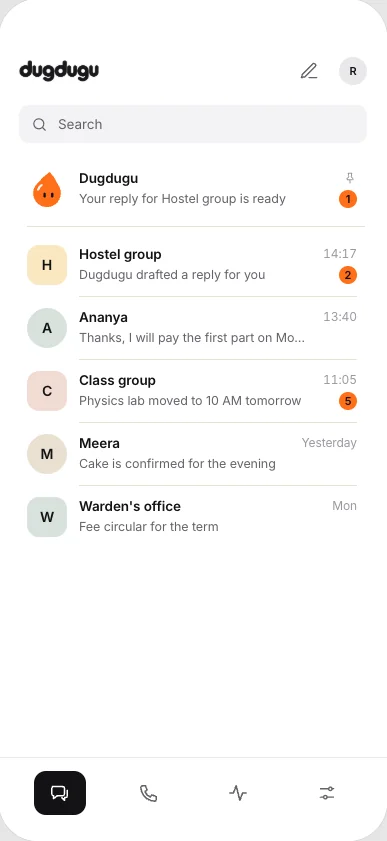 The app on a phone: the chat list, with Dugu pinned on top saying a reply is ready.